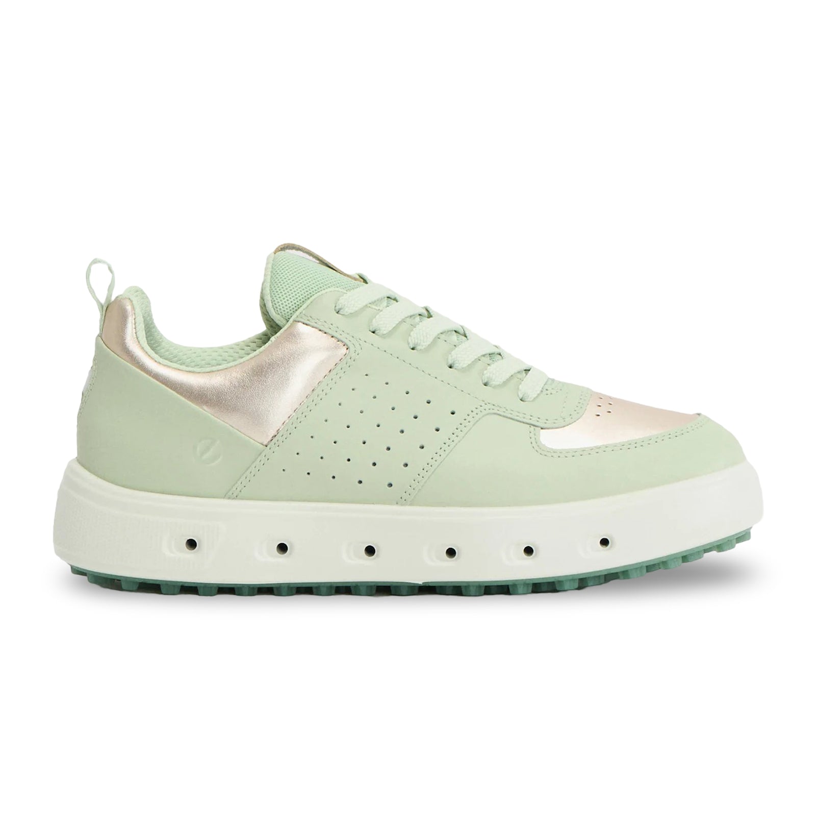 Ecco Golf Street 720 Full Grain Leather Womens Trainers#color_gold metallic matcha