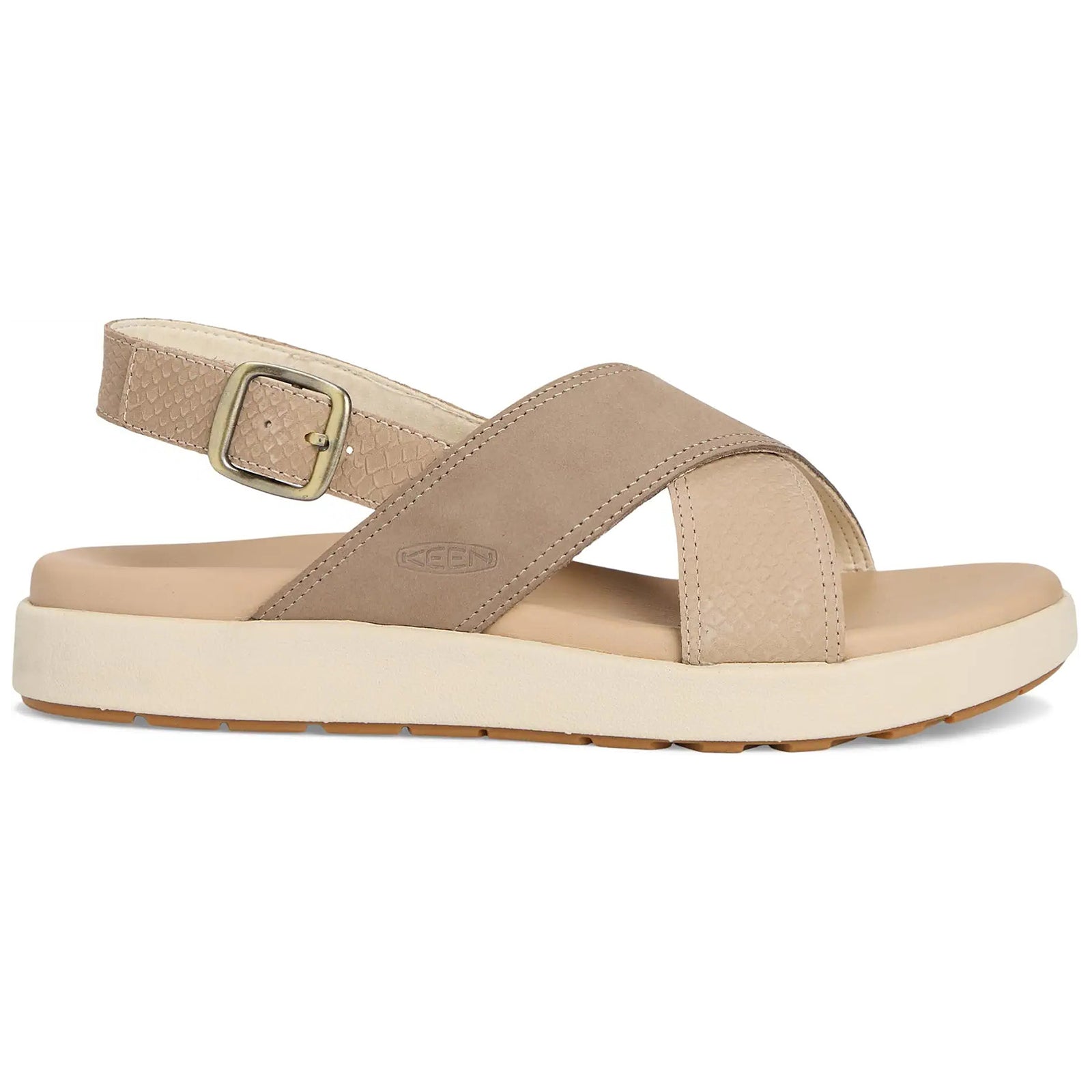 Keen Elle Luxe Cross Strap Leather Womens Sandals#color_plaza taupe brindle
