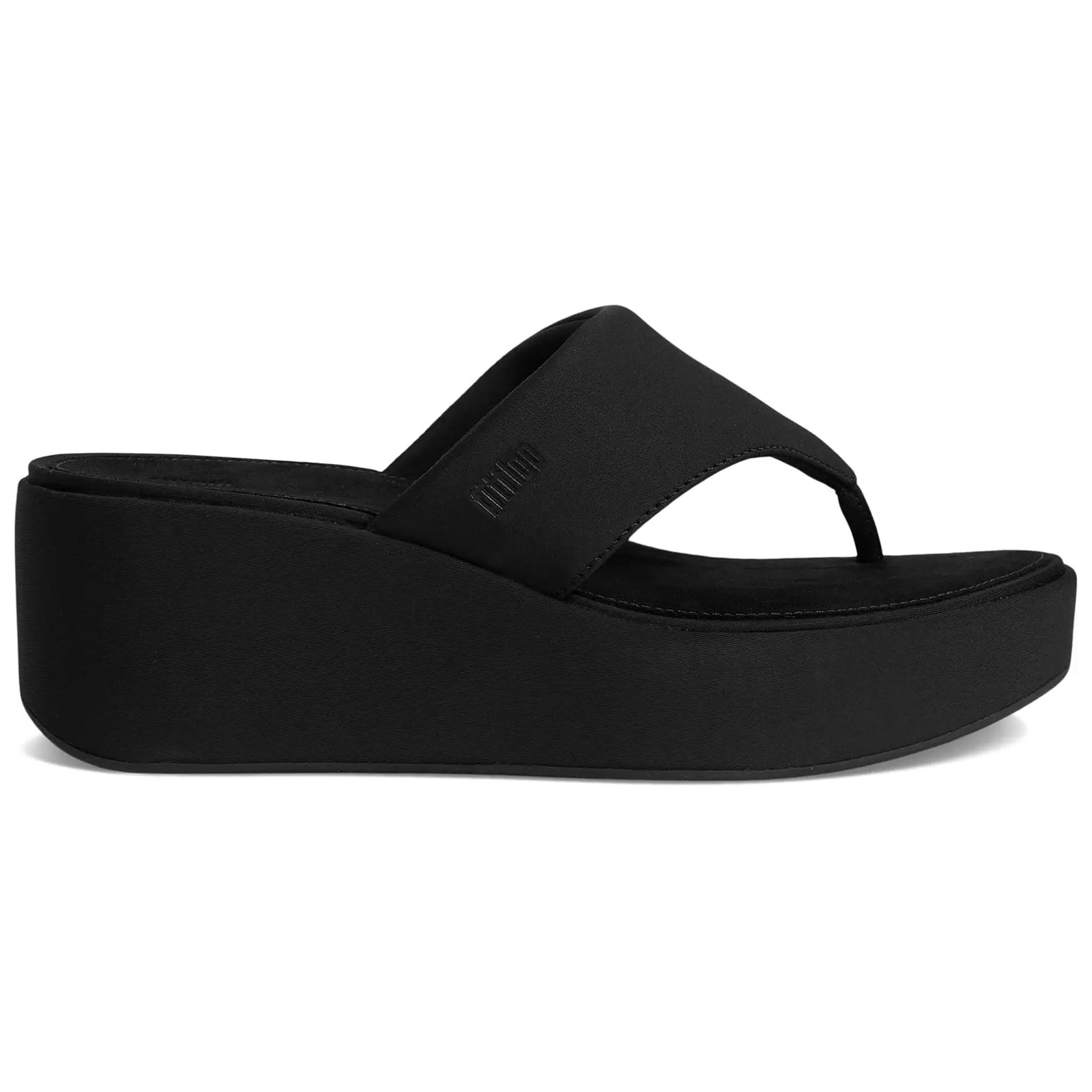 FitFlop Platfforms Wedge Toe Post Fabric Synthetic Womens Sandals#color_all black
