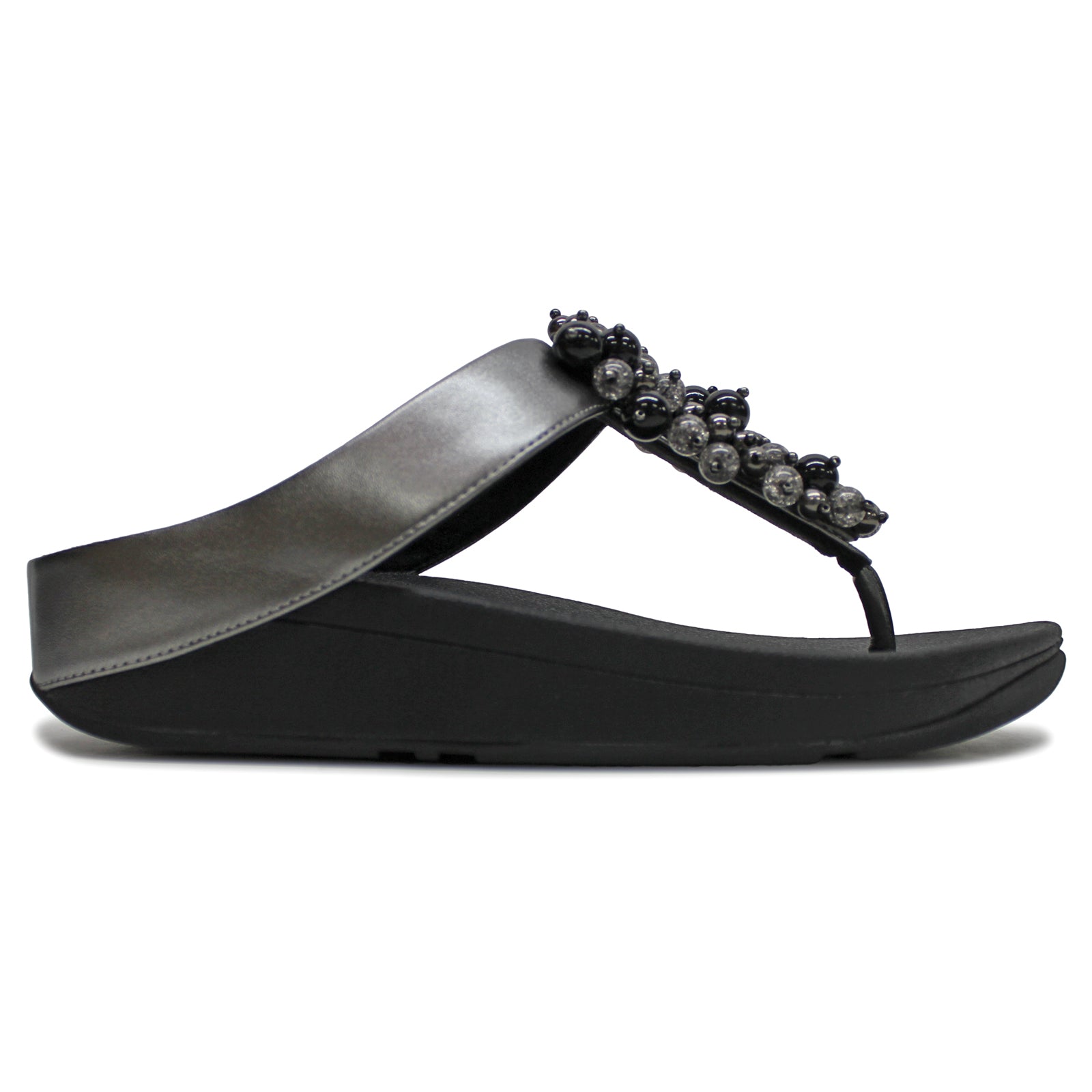 FitFlop Fino Bauble Bead Toe Post Synthetic Leather Womens Sandals#color_pewter black