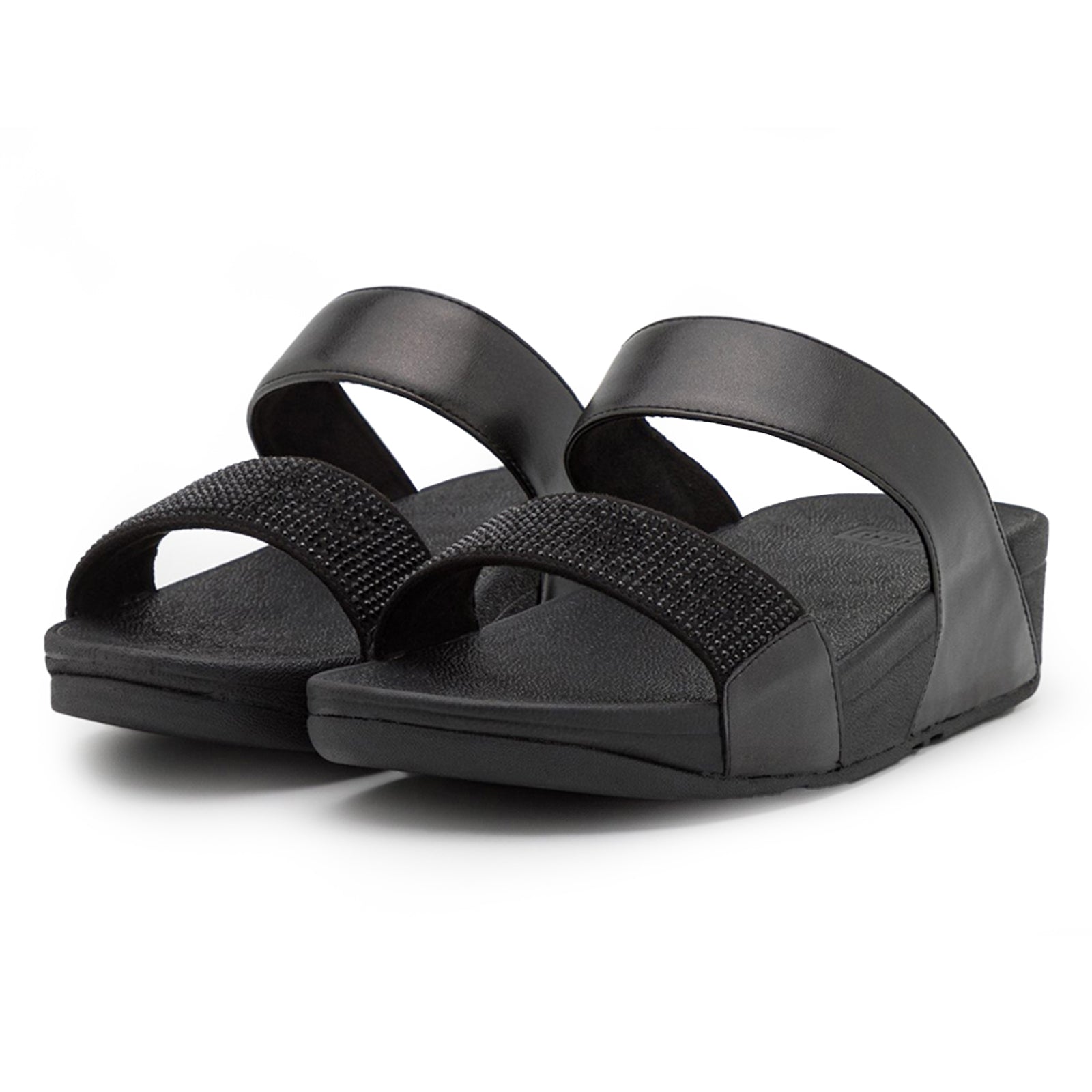 FitFlop Lulu Crystal Embellished Slides Synthetic Leather Womens Sandals#color_all black