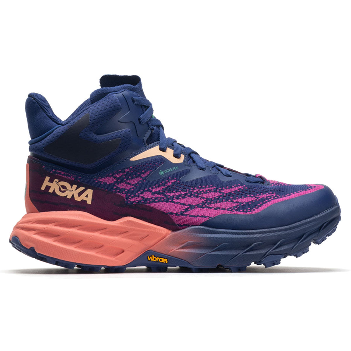 Hoka Speedgoat 5 Mid GTX Textile Synthetic Womens Trainers#color_bellwether blue camellia