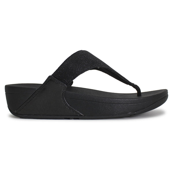 FitFlop Lulu Shimmerlux Toe Post Synthetic Women's Wedge Sole All Black  Sandals