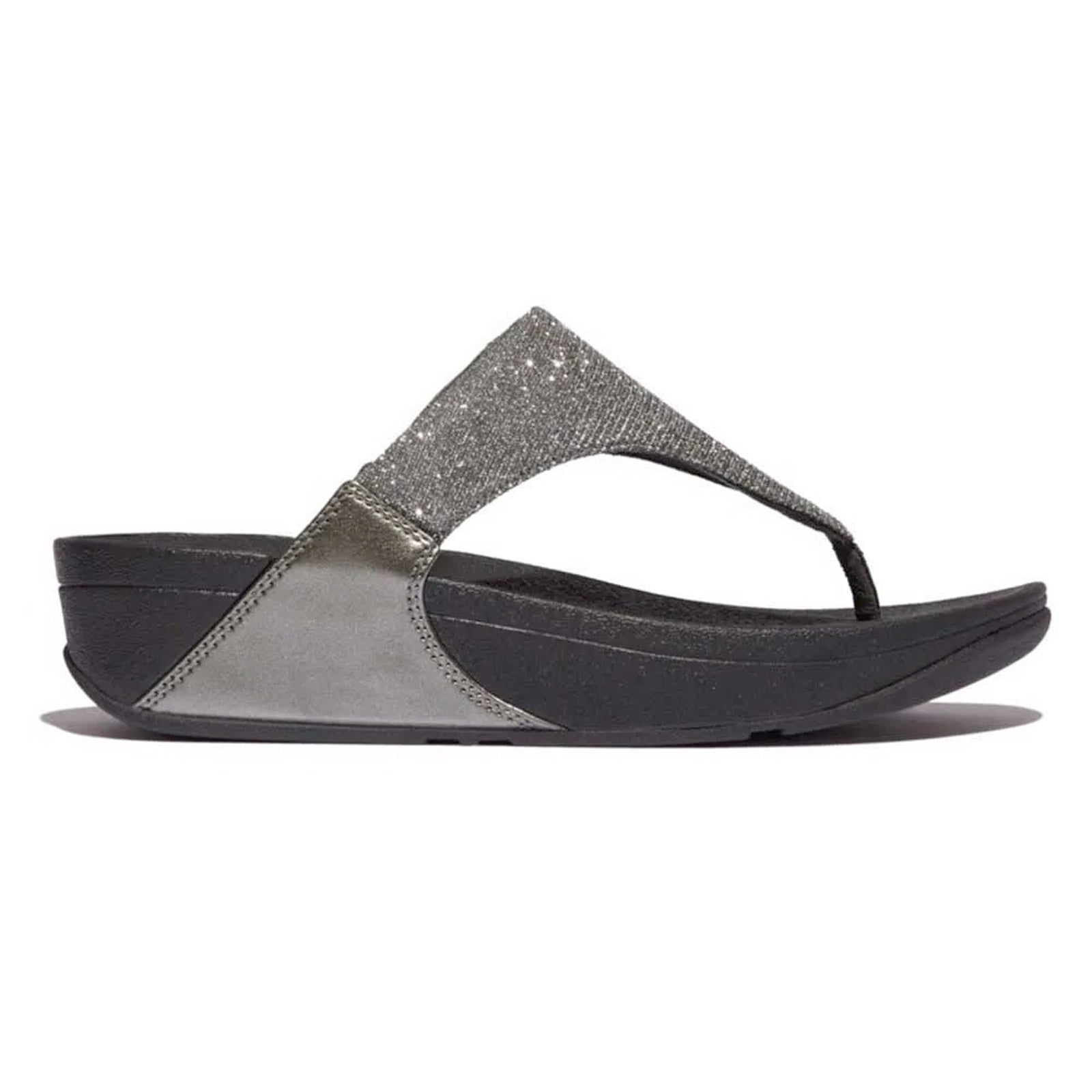 FitFlop Lulu Shimmerlux Toe Post Synthetic Womens Sandals#color_pewter