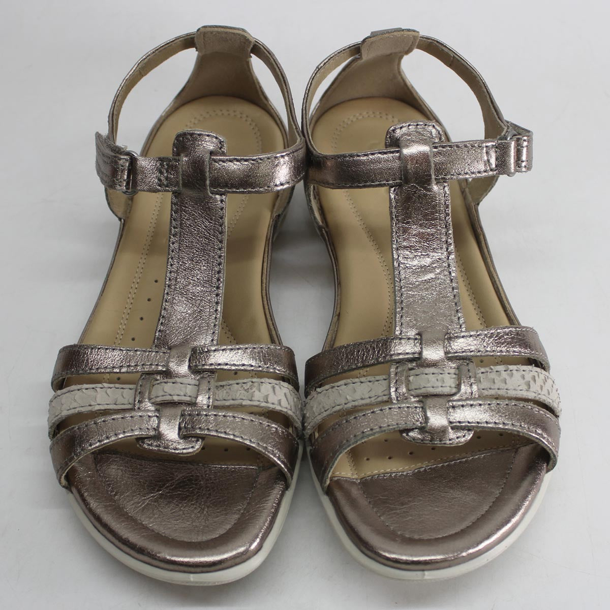 Ecco Flash Warm Grey Metallic Womens Leather T-Strap Casual Ankle Strap Sandals - UK 5-5.5