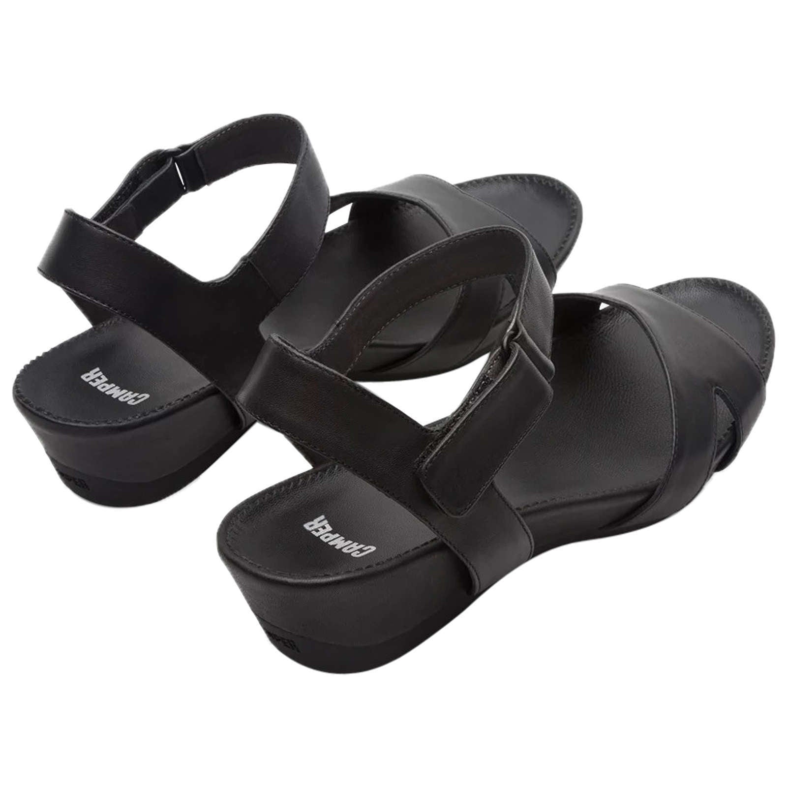 Camper Micro Calfskin Leather Women's Wedge Heel Sandals#color_black