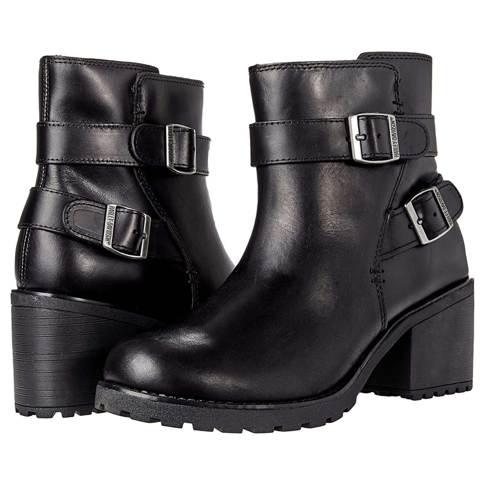 Harley Davidson Lalanne Double Strap Full Grain Leather Women's Block Heel Ankle Boots#color_black