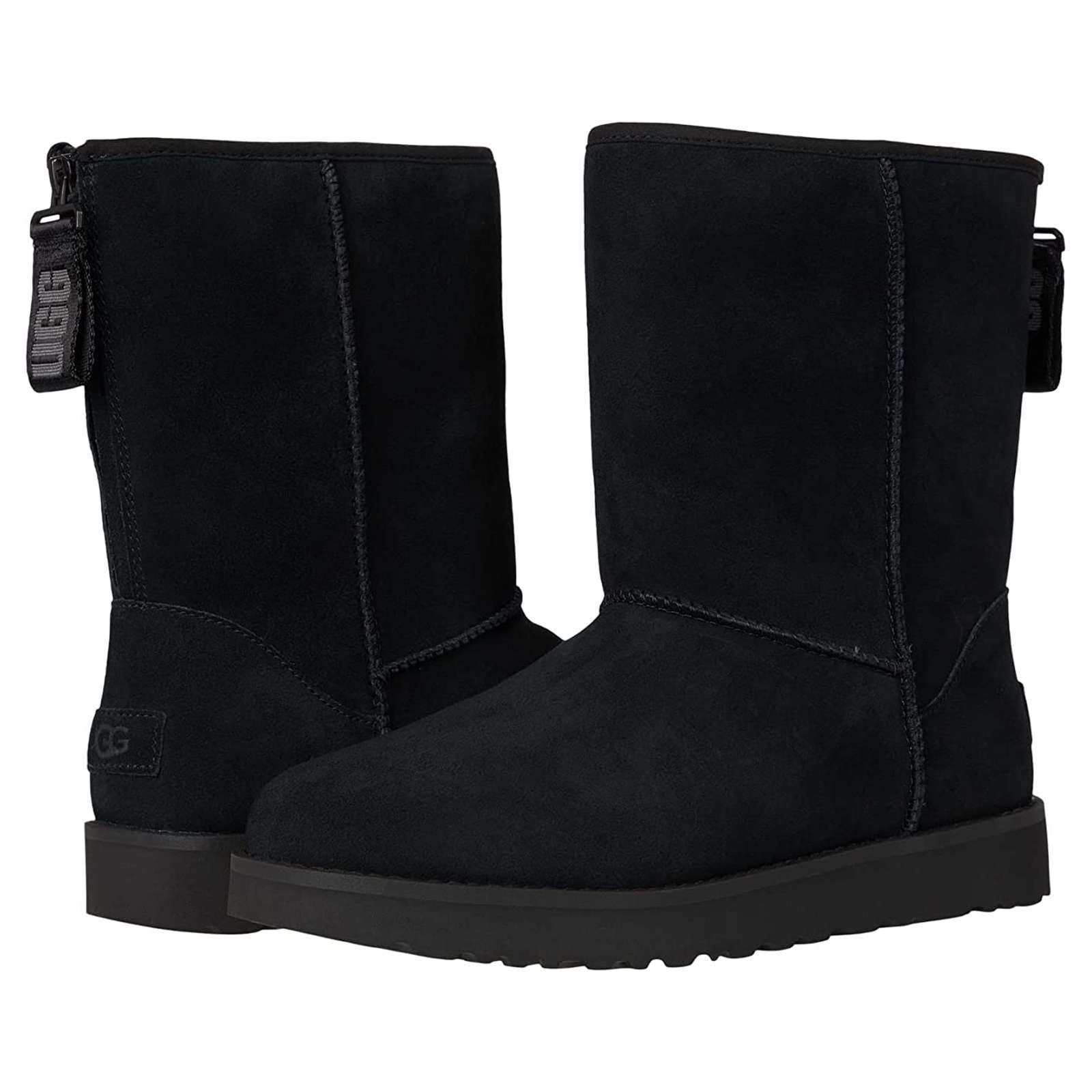 UGG Classic Short Logo Zip Suede Women's Winter Boots#color_black
