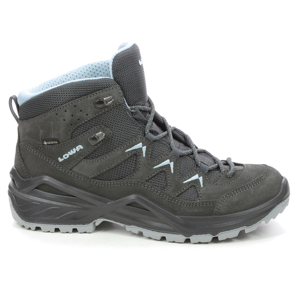 Lowa Sirkos Evo GTX Mid High Suede Textile Women's Waterproof Hiking Boots#color_anthracite ice blue